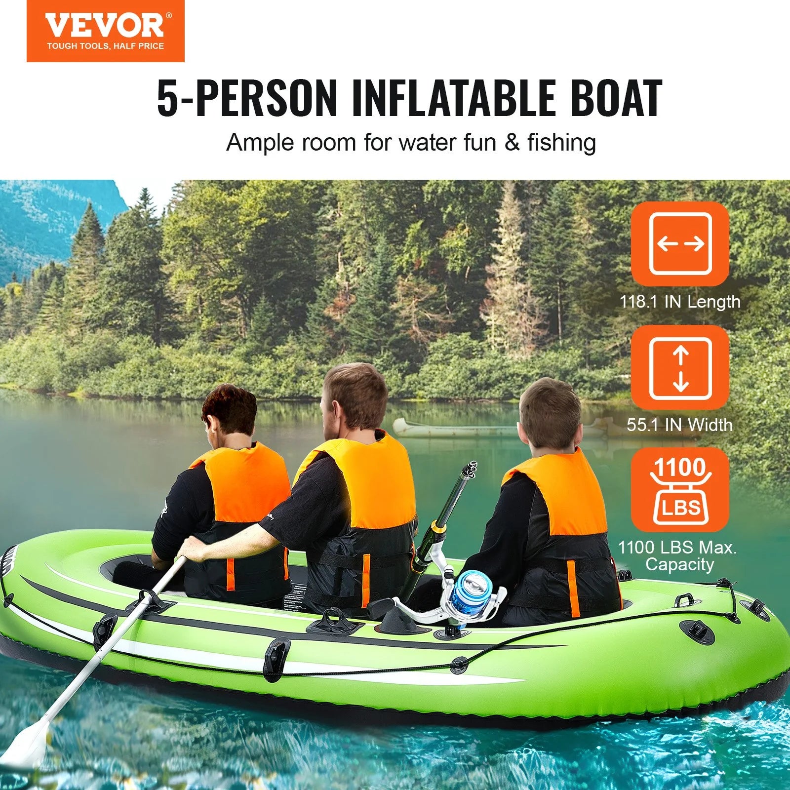 VEVOR Inflatable Boat, 5-Person Inflatable Fishing Boat, Strong PVC Portable Boat Raft Kayak, 45.6 Aluminum Oars, High-Output Pump, Fishing Rod Holders, and 2 Seats, 1100 Lb Capacity for Adults, Kids