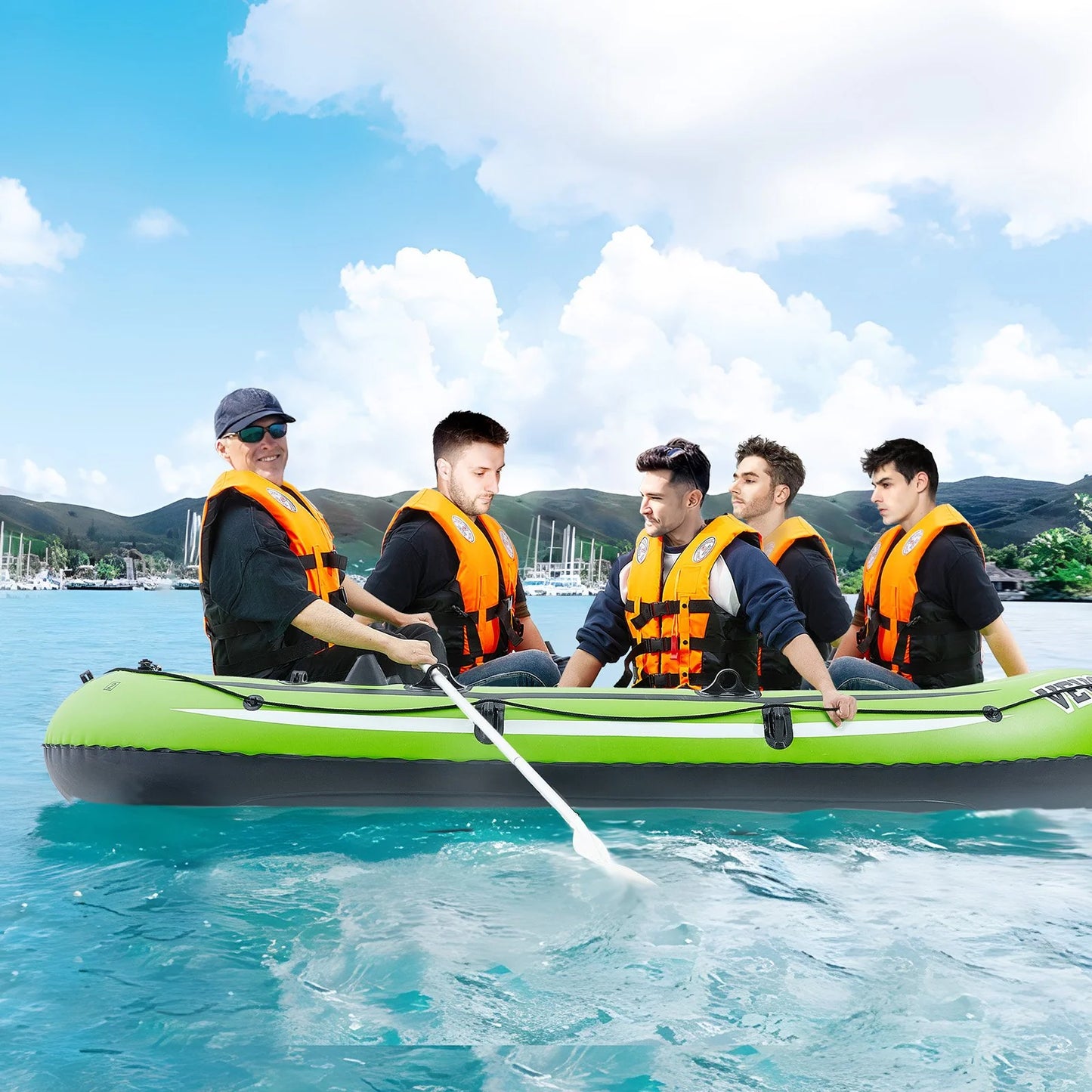 VEVOR Inflatable Boat, 5-Person Inflatable Fishing Boat, Strong PVC Portable Boat Raft Kayak, 45.6 Aluminum Oars, High-Output Pump, Fishing Rod Holders, and 2 Seats, 1100 Lb Capacity for Adults, Kids