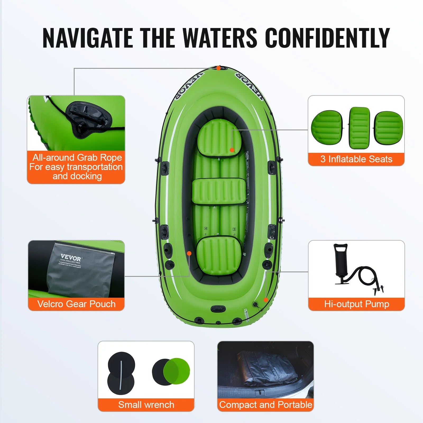 VEVOR Inflatable Boat, 5-Person Inflatable Fishing Boat, Strong PVC Portable Boat Raft Kayak, 45.6 Aluminum Oars, High-Output Pump, Fishing Rod Holders, and 2 Seats, 1100 Lb Capacity for Adults, Kids